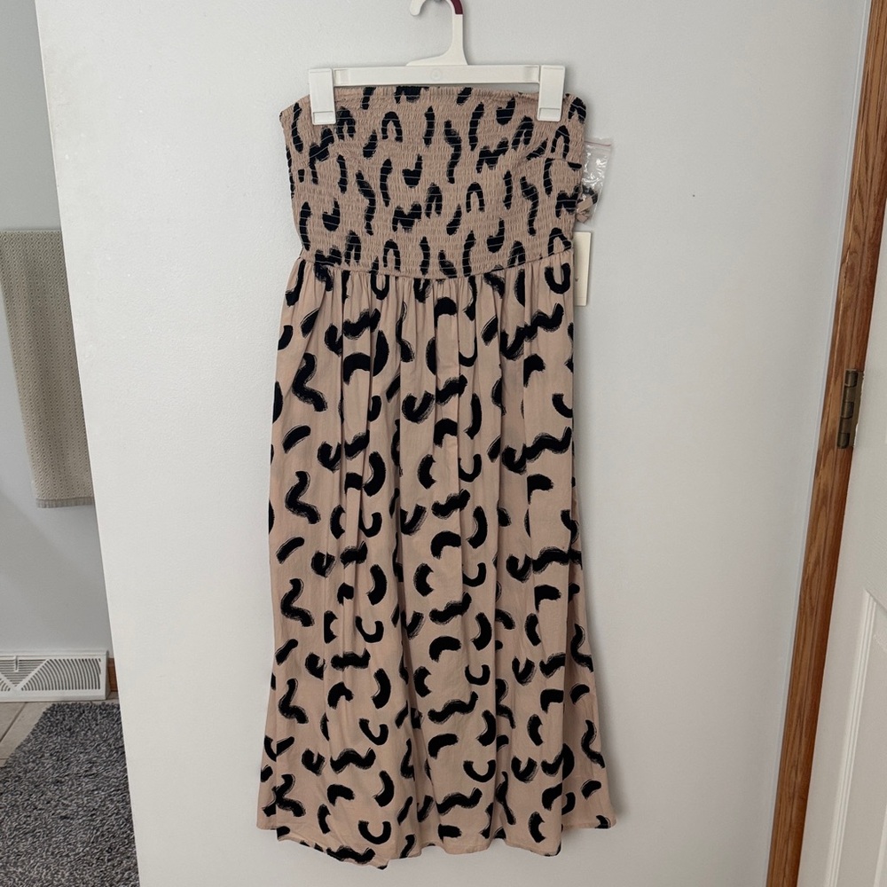 Smocked Strapless Midi Dress - Beige with Black Abstract Print